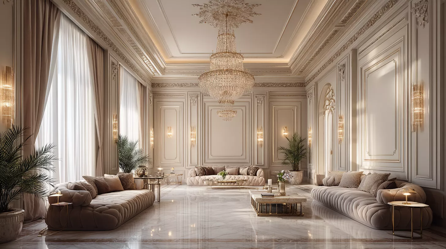 صالون مودرن كلاسيك فاخر في جدة بتشطيب راقٍ وإضاءة متوازنة وخامات فخمة جاهز للتسليم المفتاح